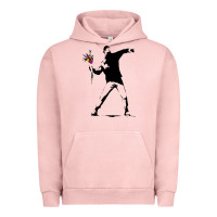 Pigment Salmon banksy protester throwing flowers Urban Hoodie - lanVoArt