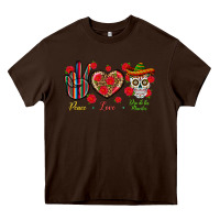 Chocolate Brown Peace Love Dia De Los Muertos Heavy Core Tee - BundleAndBundleShop
