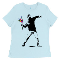 Baby Blue banksy protester throwing flowers Ladies Tee - lanVoArt