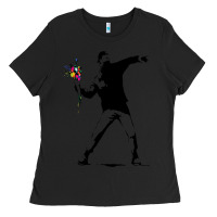 Black banksy protester throwing flowers Ladies Tee - lanVoArt