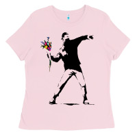 Bubblegum Pink banksy protester throwing flowers Ladies Tee - lanVoArt