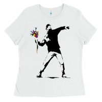 White banksy protester throwing flowers Ladies Tee - lanVoArt
