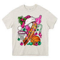 Cream Pink Christmas Breast Cancer Ribbon Basketball Heavy Core Tee - BundleAndBundleShop