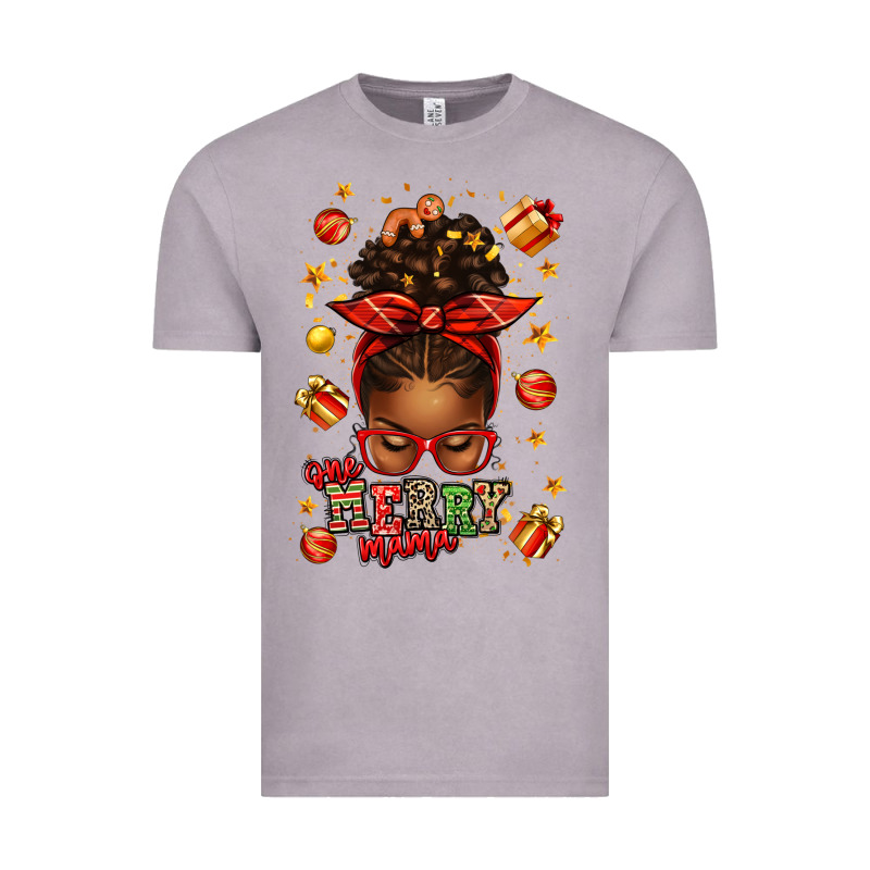 One Merry Mama Christmas Afro Messy Bun Vintage Tee by texasbilliewilder | Teevron