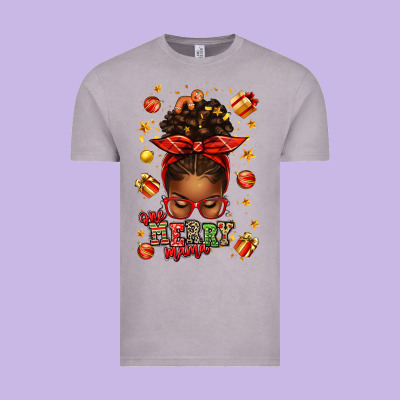 One Merry Mama Christmas Afro Messy Bun Vintage Tee Designed By Texasbilliewilder