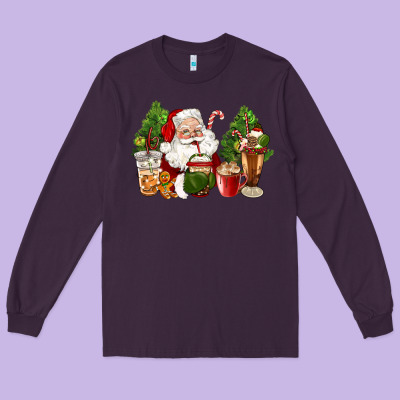 Santa Coffee Cups Christmas Long Sleeve Tee Designed By Cowgirlartshop