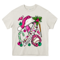 Cream Pink Christmas Breast Cancer Ribbon Baseball Heavy Core Tee - BundleAndBundleShop