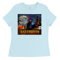 Baby Blue Black Cat Halloween Ladies Tee - LillyAllenDesigns