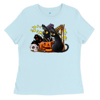 Baby Blue halloween black cats Ladies Tee - LillyAllenDesigns