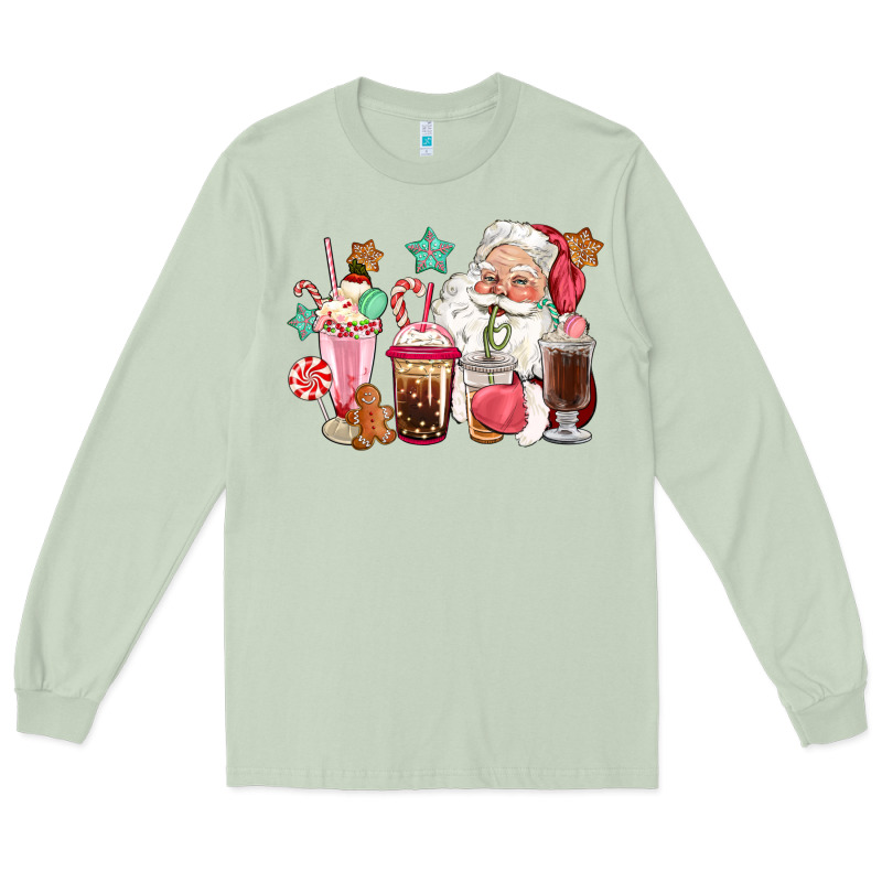 Pink Santa Christmas Santa Coffe Cups Long Sleeve Tee by CowGirlArtShop | Teevron