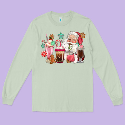 Pink Santa Christmas Santa Coffe Cups Long Sleeve Tee Designed By Cowgirlartshop
