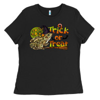 Black Trick Or Treat With Frog Ladies Tee - LillyAllenDesigns