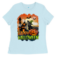 Baby Blue Happy Halloween With Black Cat Ladies Tee - LillyAllenDesigns