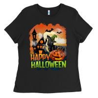 Black Happy Halloween With Black Cat Ladies Tee - LillyAllenDesigns