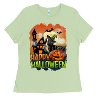 Matcha Happy Halloween With Black Cat Ladies Tee - LillyAllenDesigns