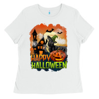 White Happy Halloween With Black Cat Ladies Tee - LillyAllenDesigns