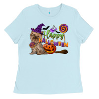 Baby Blue Happy Halloween With Yorkshire Terrier Dog Ladies Tee - LillyAllenDesigns