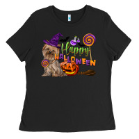Black Happy Halloween With Yorkshire Terrier Dog Ladies Tee - LillyAllenDesigns