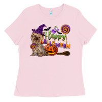 Bubblegum Pink Happy Halloween With Yorkshire Terrier Dog Ladies Tee - LillyAllenDesigns