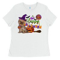 White Happy Halloween With Yorkshire Terrier Dog Ladies Tee - LillyAllenDesigns