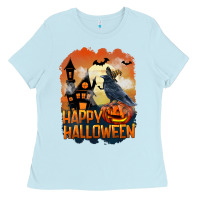 Baby Blue Happy Halloween With Crow Ladies Tee - LillyAllenDesigns