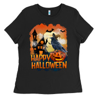 Black Happy Halloween With Crow Ladies Tee - LillyAllenDesigns