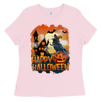 Bubblegum Pink Happy Halloween With Crow Ladies Tee - LillyAllenDesigns