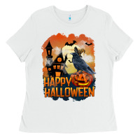 White Happy Halloween With Crow Ladies Tee - LillyAllenDesigns