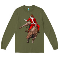 Army Green santa riding a bull Long Sleeve Tee - CowGirlArtShop