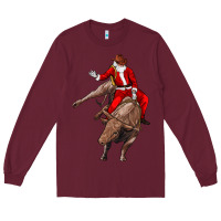 Burgundy santa riding a bull Long Sleeve Tee - CowGirlArtShop