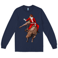 Navy santa riding a bull Long Sleeve Tee - CowGirlArtShop
