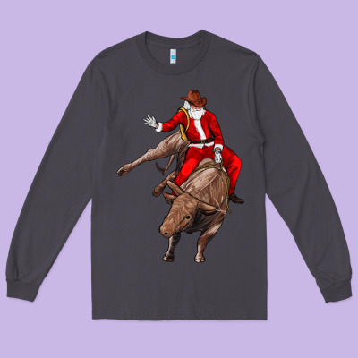 Santa Riding A Bull Long Sleeve Tee Designed By Cowgirlartshop