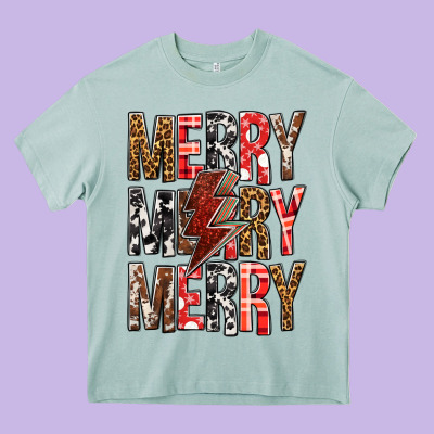 Merry Merry Merry Christmas Lightning Bolt Heavy Core Tee Designed By Bundleandbundleshop