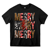 Black Merry Merry Merry Christmas Lightning Bolt Heavy Core Tee - BundleAndBundleShop