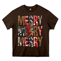 Chocolate Brown Merry Merry Merry Christmas Lightning Bolt Heavy Core Tee - BundleAndBundleShop