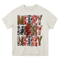 Cream Merry Merry Merry Christmas Lightning Bolt Heavy Core Tee - BundleAndBundleShop