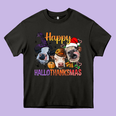 Happy Hallothanksmas Cows Heavy Core Tee Designed By Bundleandbundleshop