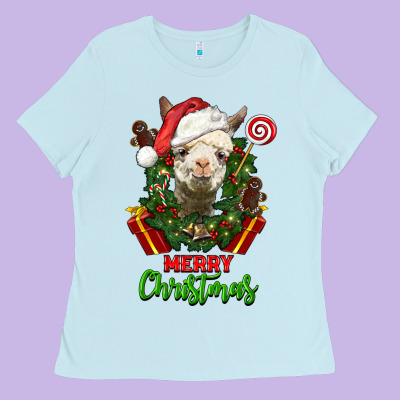 Merry Christmas Alpaca Face Ladies Tee Designed By Lillyallendesigns