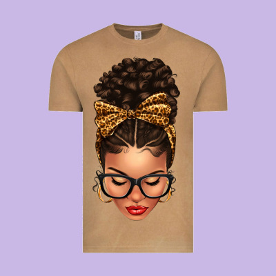 Light Skin Afro Messy Bun Leopard Bow Vintage Tee Designed By Texasbilliewilder