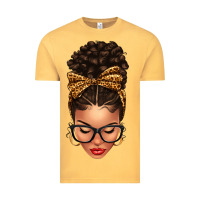 Vintage Mustard Light skin afro messy bun leopard bow Vintage Tee - texasbilliewilder