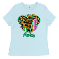 Baby Blue Aries Zodiac Sign Sunflower Leopard Serape Ladies Tee - RanaPortraitStore