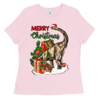 Bubblegum Pink merry christmas brachiosaurus Ladies Tee - LillyAllenDesigns