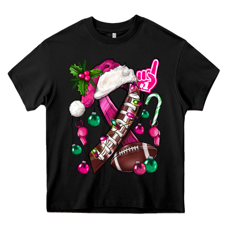 Pink Christmas Breast Cancer Ribbon Football Heavy Core Tee by BundleAndBundleShop | Teevron