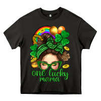 Asphalt St. Patrick Messy Bun One Luck Mama With Clover Heavy Core Tee - BundleAndBundleShop