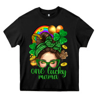 Black St. Patrick Messy Bun One Luck Mama With Clover Heavy Core Tee - BundleAndBundleShop