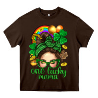 Chocolate Brown St. Patrick Messy Bun One Luck Mama With Clover Heavy Core Tee - BundleAndBundleShop