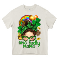 Cream St. Patrick Messy Bun One Luck Mama With Clover Heavy Core Tee - BundleAndBundleShop