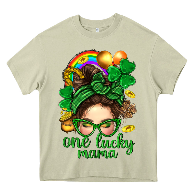 St. Patrick Messy Bun One Luck Mama With Clover Heavy Core Tee by BundleAndBundleShop | Teevron
