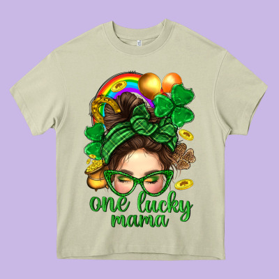 St. Patrick Messy Bun One Luck Mama With Clover Heavy Core Tee Designed By Bundleandbundleshop