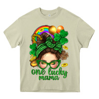 Mossy St. Patrick Messy Bun One Luck Mama With Clover Heavy Core Tee - BundleAndBundleShop